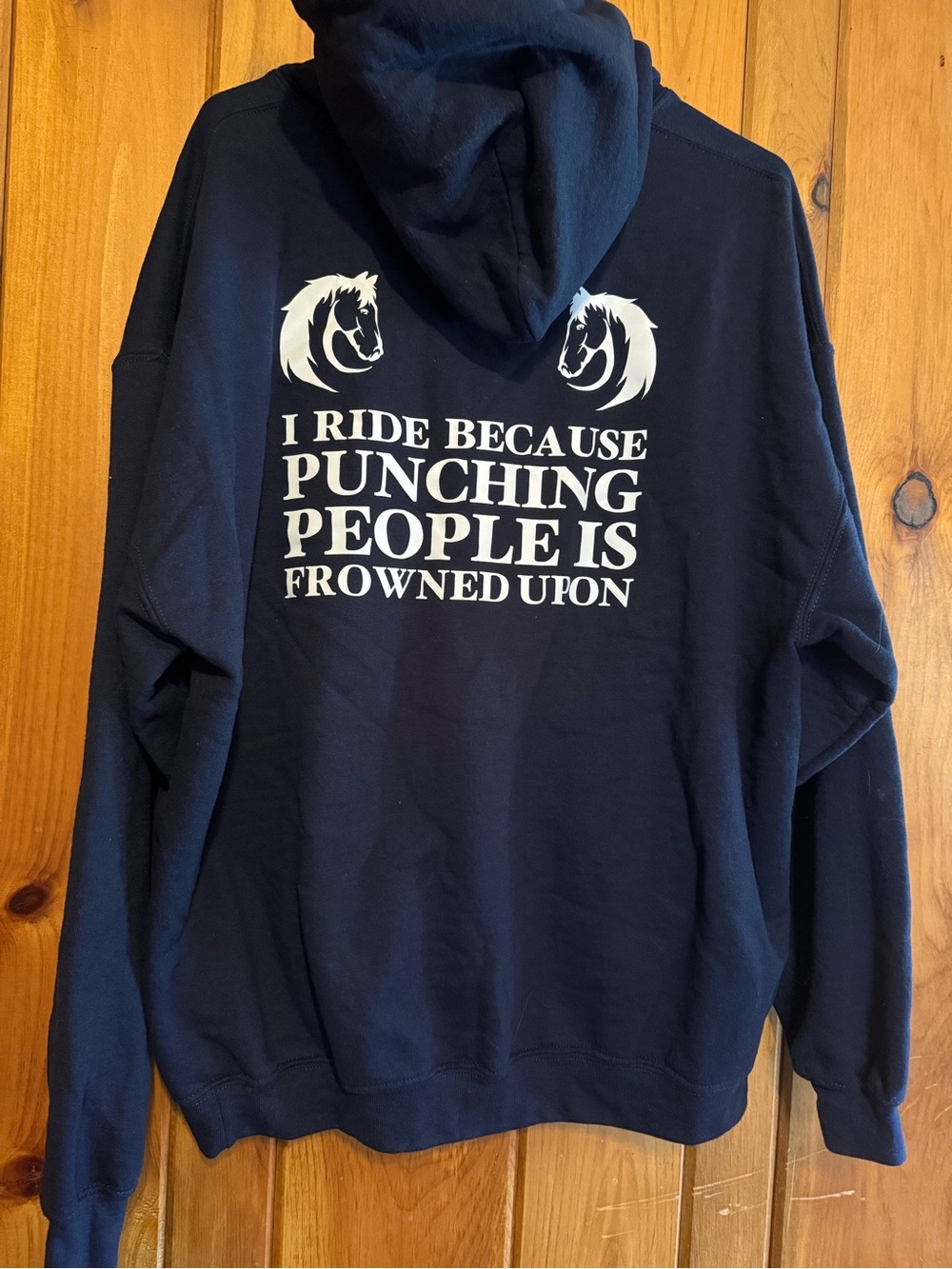 Gildan Navy Zip-Up Sweatshirt with White Equestrian Slogan